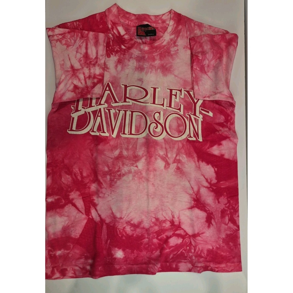 VTG Lake Shore HARLEY DAVIDSON Women's Pink Tie-Dye T-Shirt sz Small 90s Cotton
